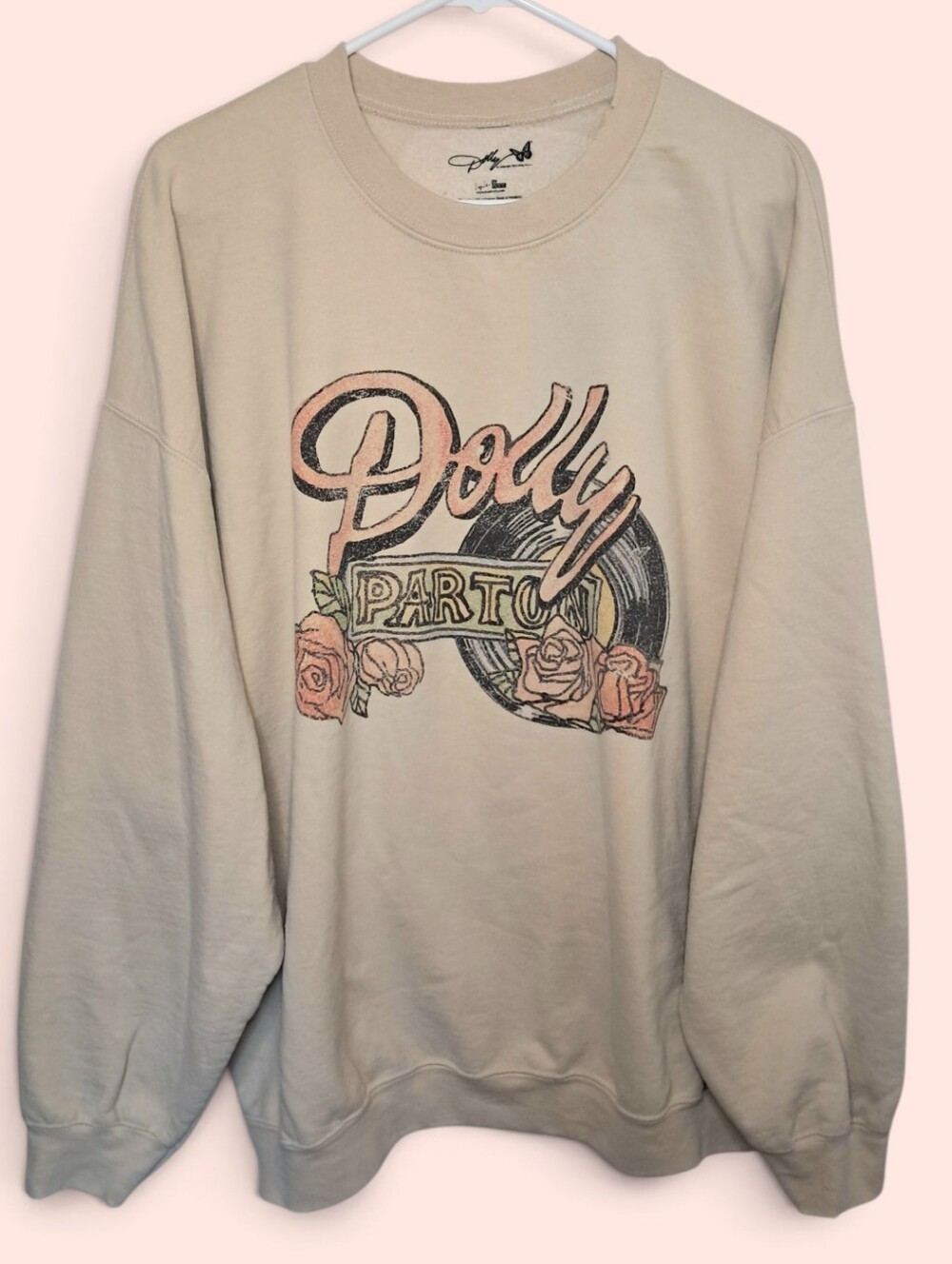Dolly Parton Rose Record Sand Thrifted Sweatshirt Size XL